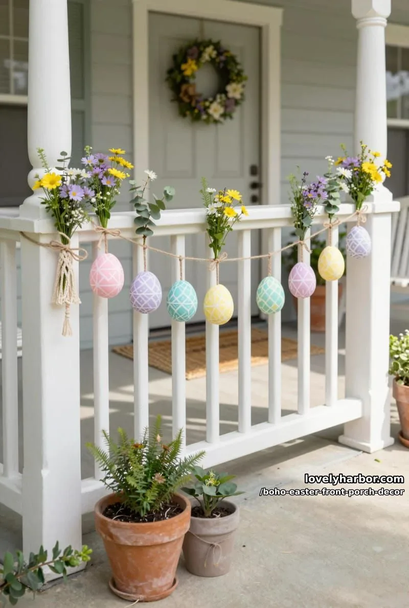 geometric egg garland strung along porch railings with mini flower bouquets 1