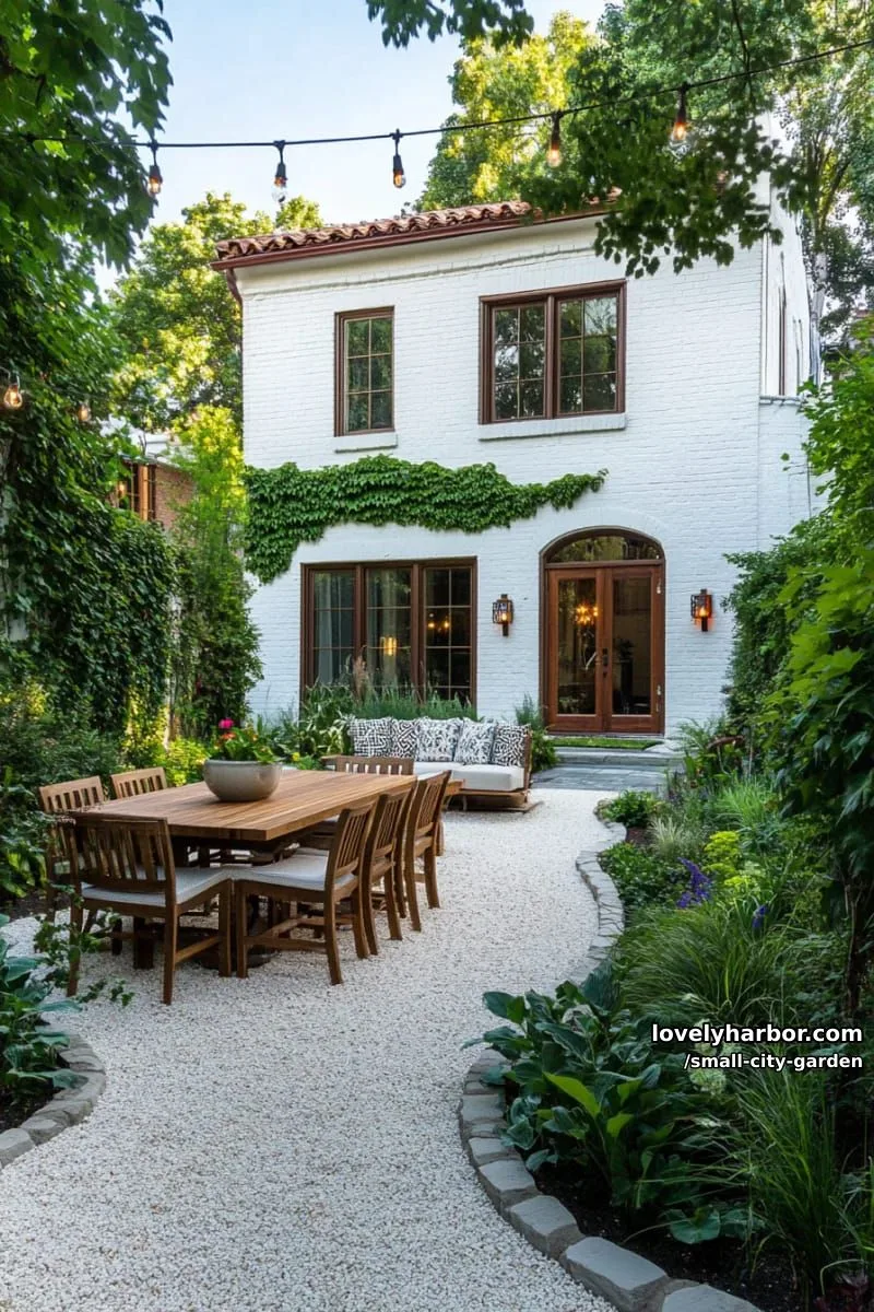 20 Small City Garden To Transform Your Space 7 gravel path through foliage to modern dining set, white brick house backdrop. 1