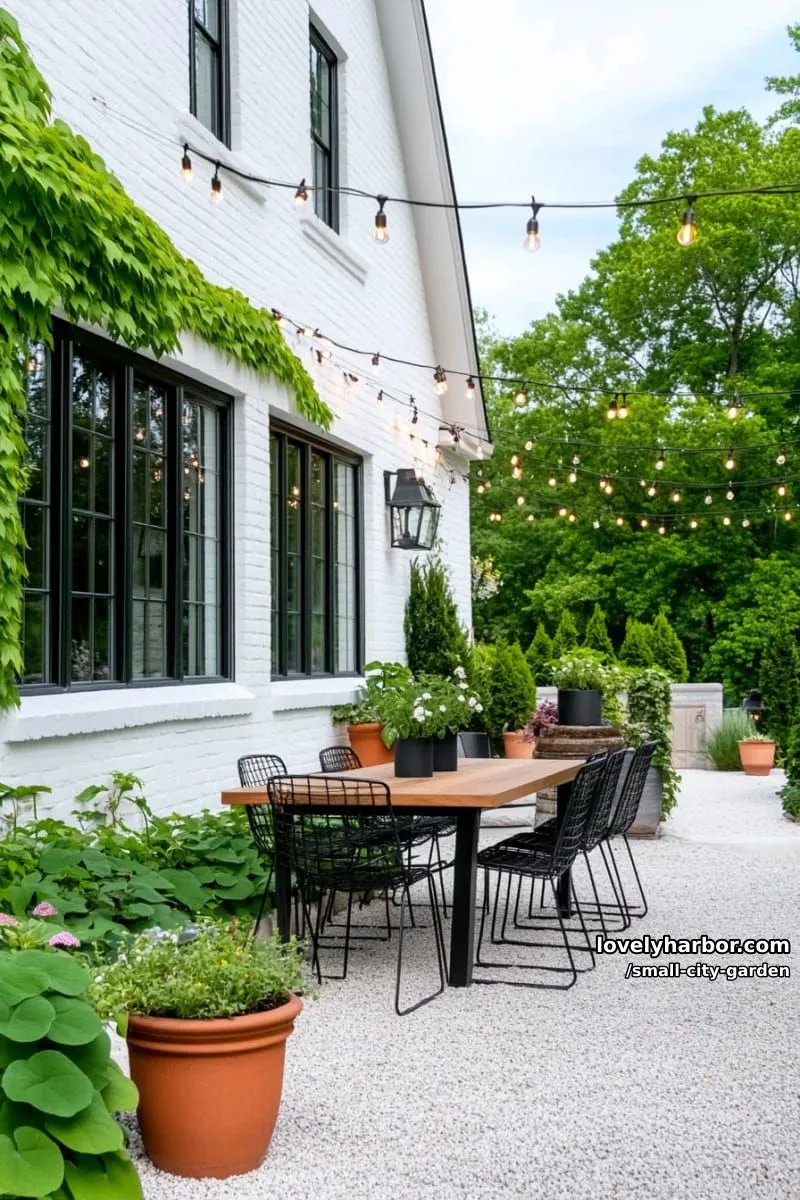 20 Small City Garden To Transform Your Space 8 gravel path through foliage to modern dining set, white brick house backdrop. 1