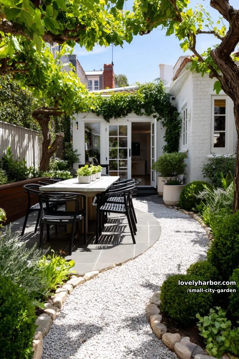 20 Small City Garden To Transform Your Space 9 gravel path through foliage to modern dining set, white brick house backdrop. 1