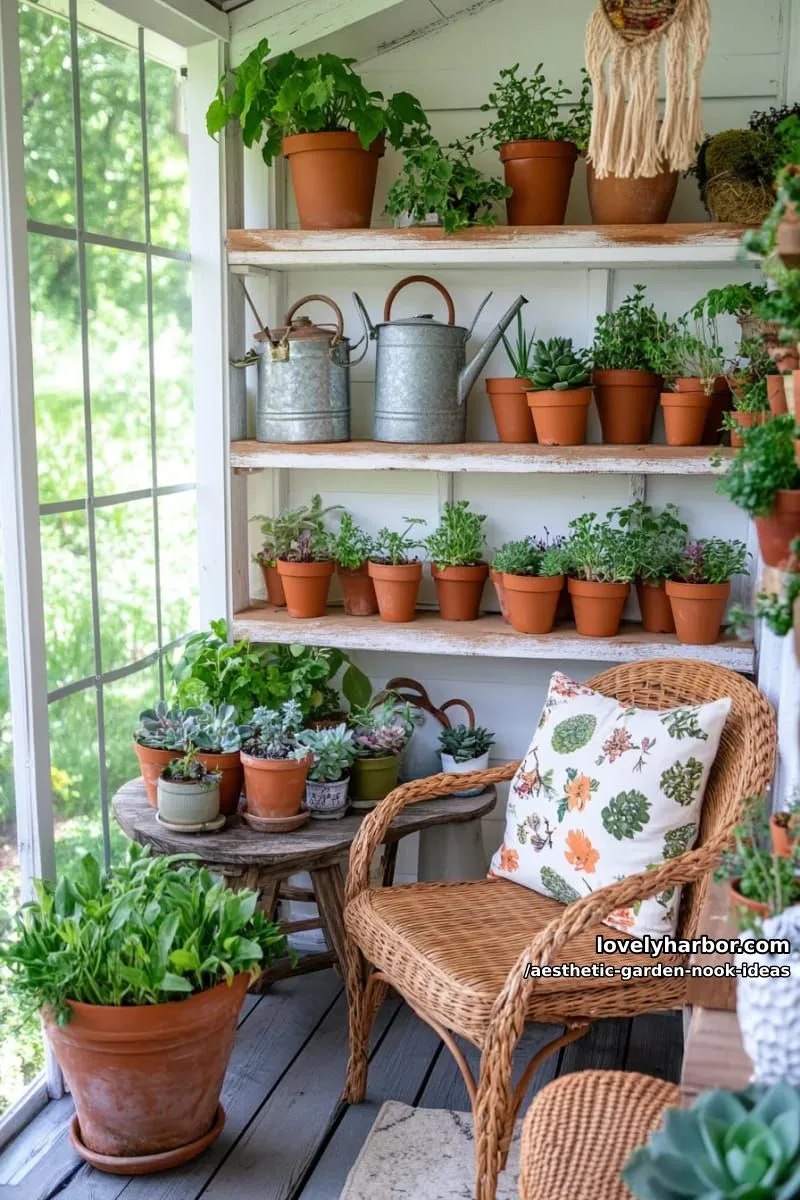 15 Aesthetic Garden Nook Ideas to Inspire Your Outdoor Escape 35 greenhouse-inspired nook filled with succulents and vintage watering cans 1