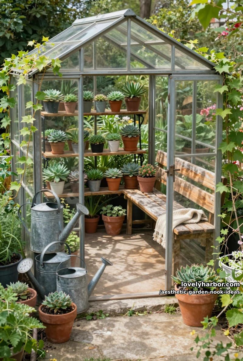 15 Aesthetic Garden Nook Ideas to Inspire Your Outdoor Escape 37 greenhouse-inspired nook filled with succulents and vintage watering cans 1