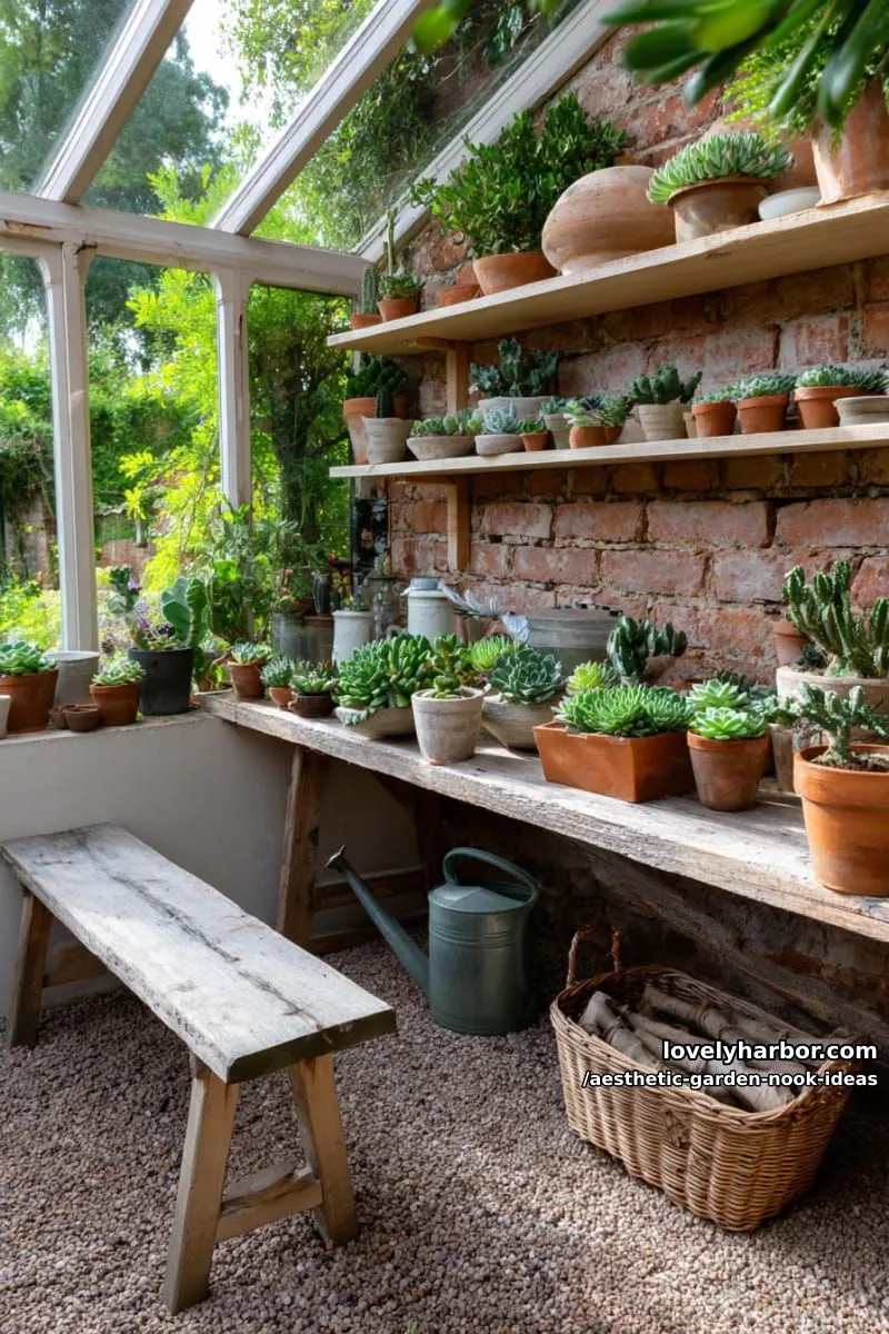 15 Aesthetic Garden Nook Ideas to Inspire Your Outdoor Escape 37 greenhouse-inspired nook filled with succulents and vintage watering cans 1