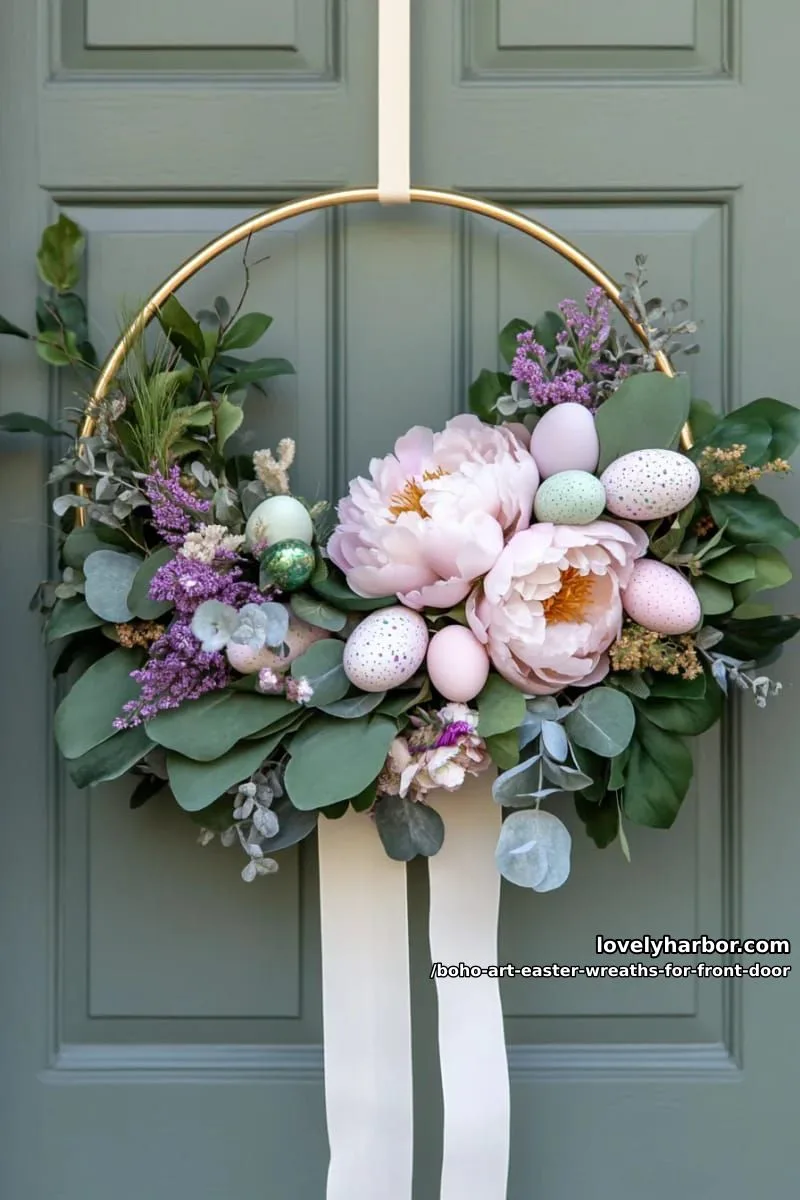 15 Boho Art Easter Wreaths for an Inviting Front Door 12 half-moon gold hoop with cascading blush peonies and velvet easter eggs 1