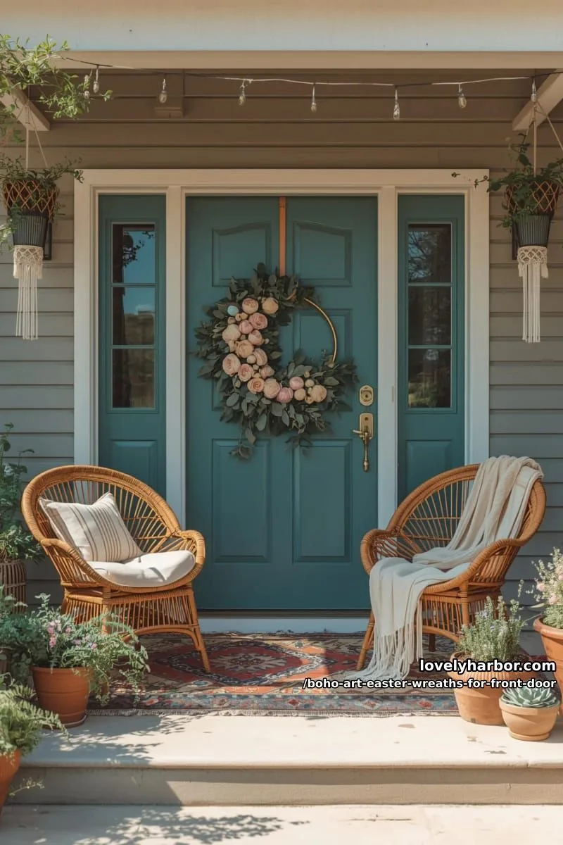 15 Boho Art Easter Wreaths for an Inviting Front Door 13 half-moon gold hoop with cascading blush peonies and velvet easter eggs 1