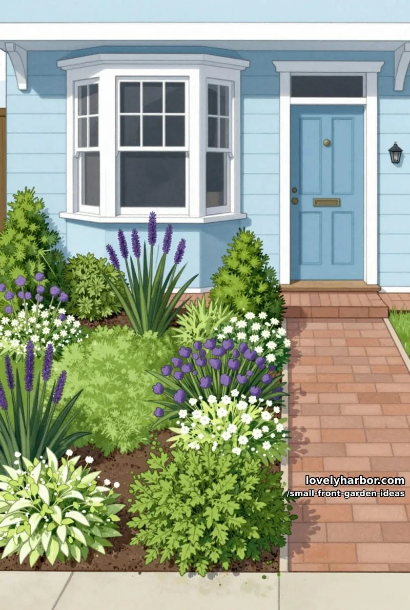 hand-drawn house with mixed perennial garden, bay window, and brick path. 1