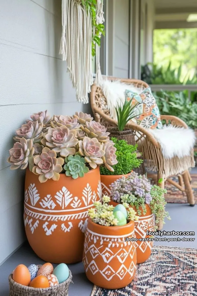 hand-painted terra cotta pots overflowing with pastel succulents and faux eggs 1