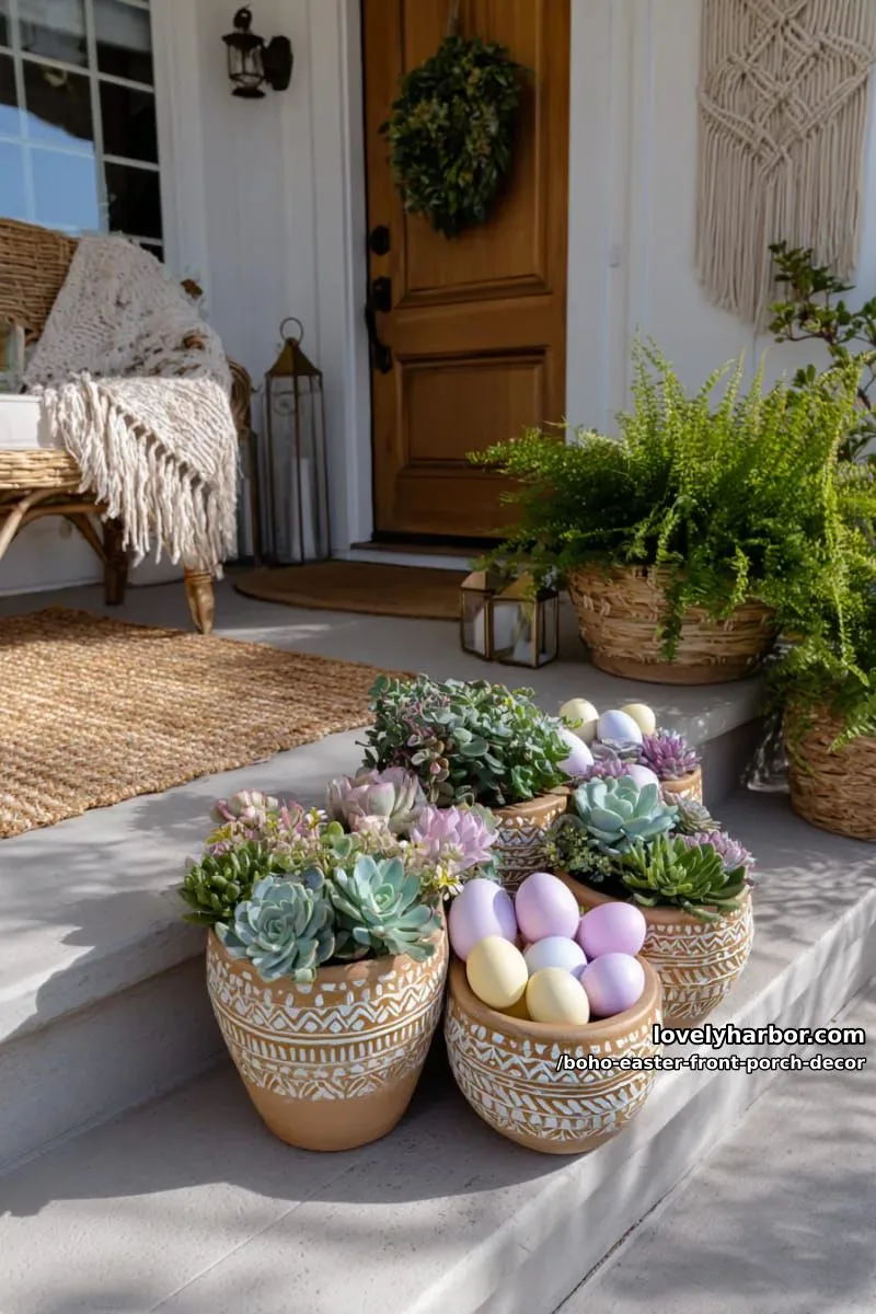 hand-painted terra cotta pots overflowing with pastel succulents and faux eggs 1