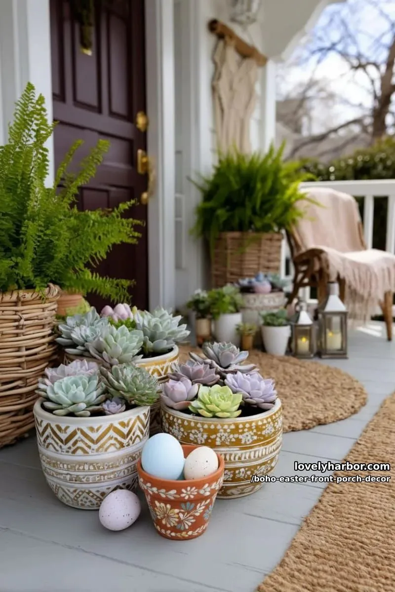 hand-painted terra cotta pots overflowing with pastel succulents and faux eggs 1