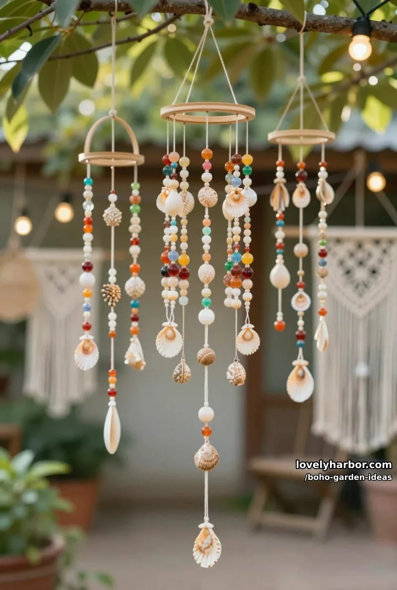 handmade bohemian wind chimes with beads, shells, and macramé outdoors. 1