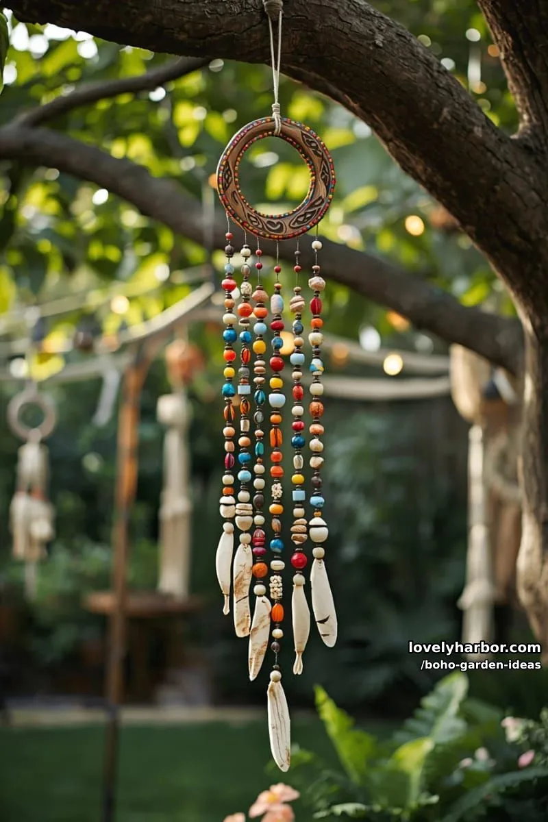 handmade bohemian wind chimes with beads, shells, and macramé outdoors. 1