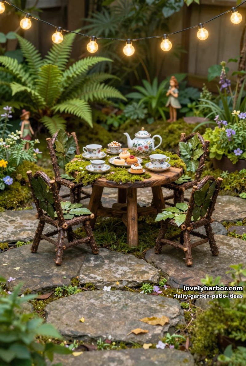hang glowing string lights above a mossy fairy tea party setup. 1
