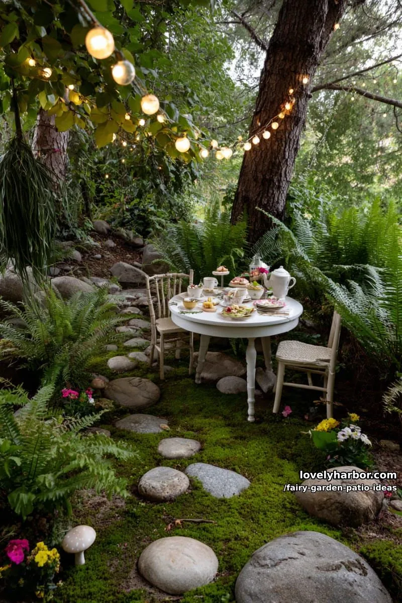 15 Enchanting Fairy Garden Patio Ideas to Inspire Your Space 9 hang glowing string lights above a mossy fairy tea party setup. 1