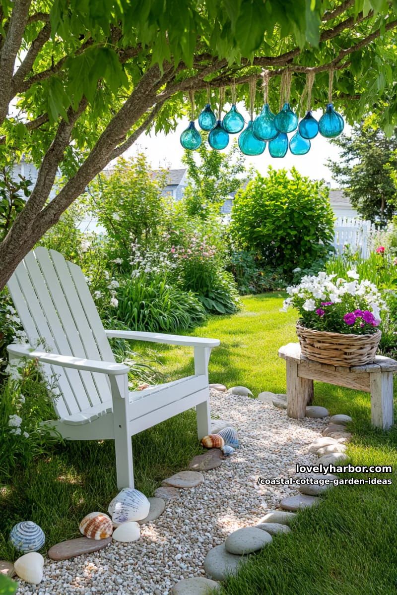 hang recycled glass buoys from tree branches for a nautical pop of color 1