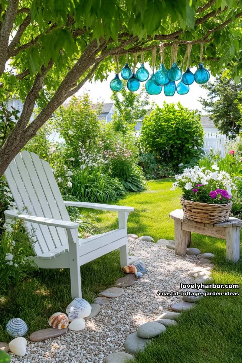 hang recycled glass buoys from tree branches for a nautical pop of color 1