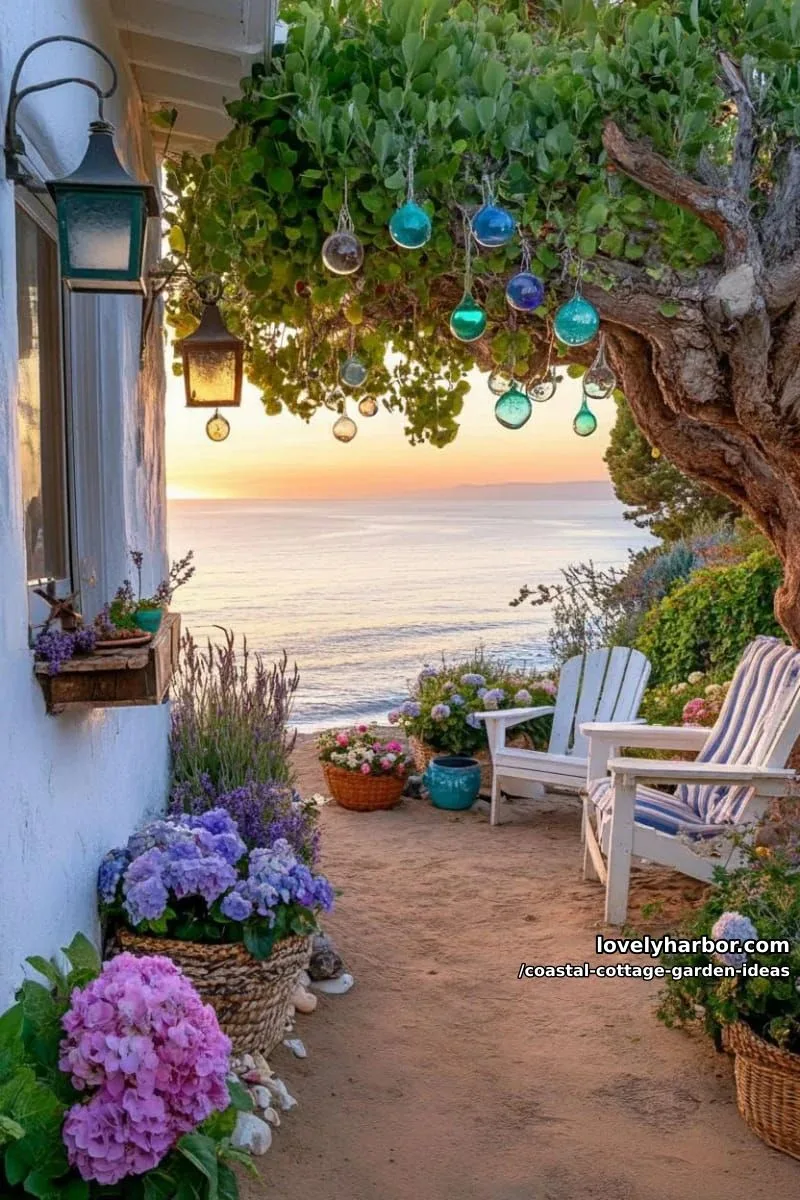 hang recycled glass buoys from tree branches for a nautical pop of color 1