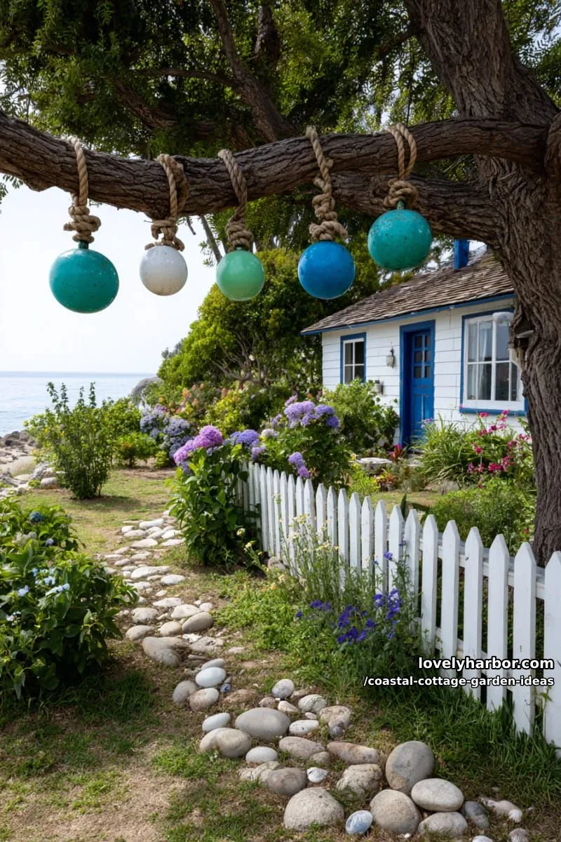 hang recycled glass buoys from tree branches for a nautical pop of color 1
