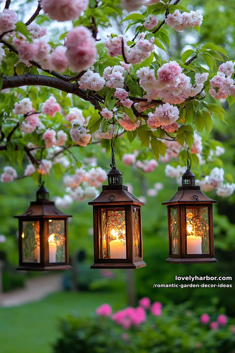 hanging glass lanterns nestled among flowering tree branches 1
