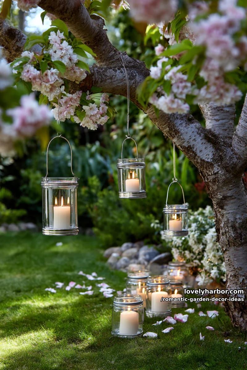 hanging glass lanterns nestled among flowering tree branches 1