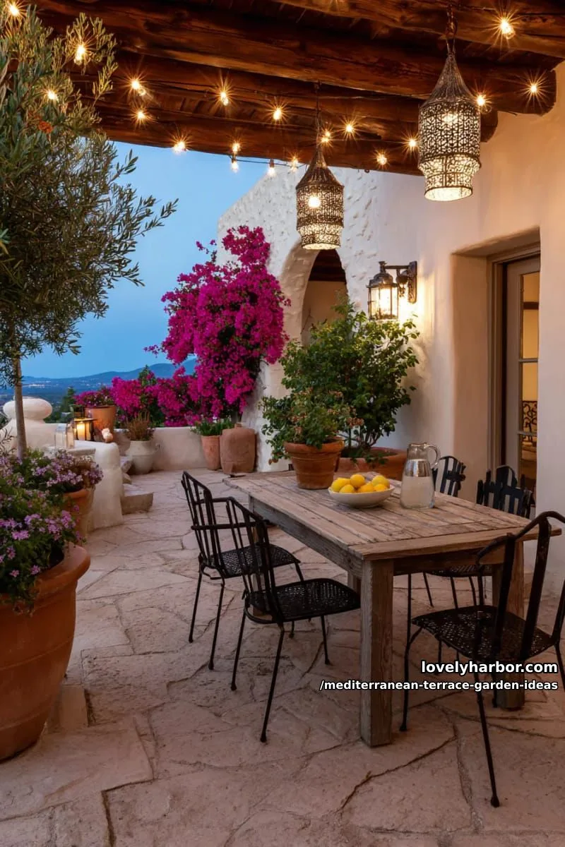 hanging lanterns and string lights creating a magical evening escape 1