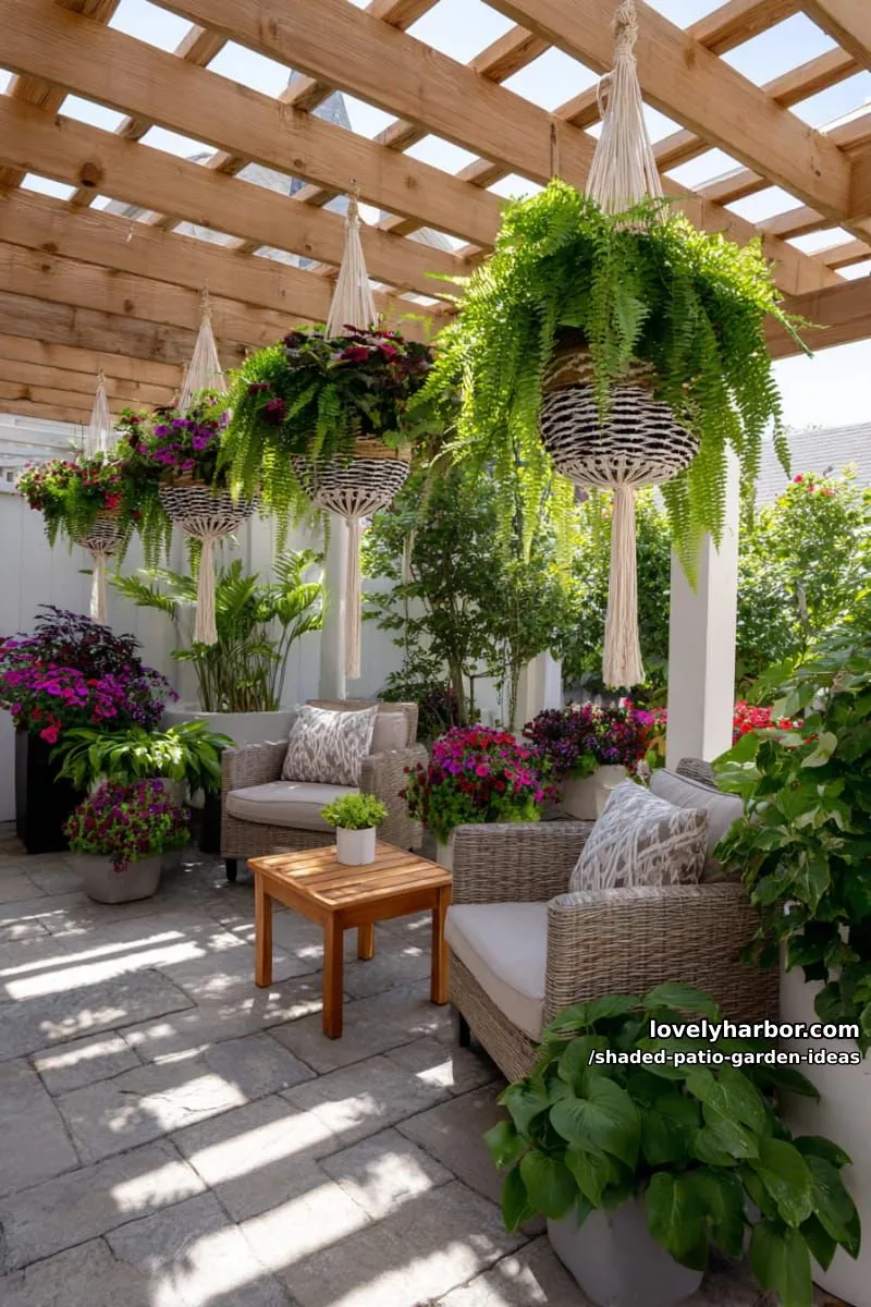 15 Dreamy Shaded Patio Garden Ideas to Inspire Your Backyard 10 hanging macramé planters filled with trailing shade flowers above patio seating 1