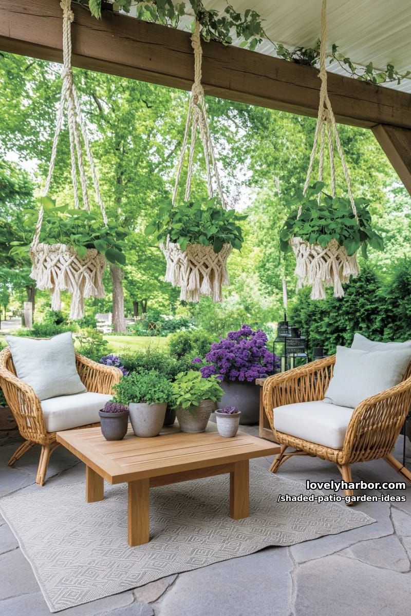 hanging macramé planters filled with trailing shade flowers above patio seating 1