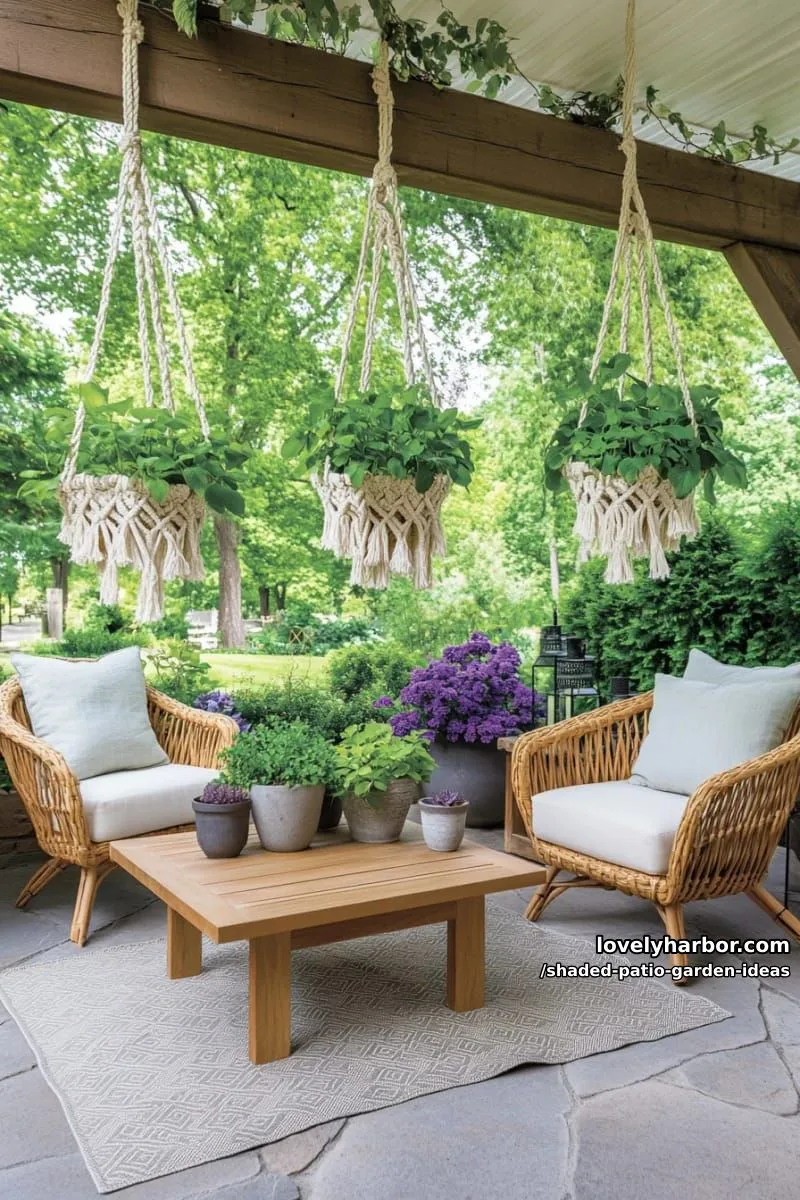 15 Dreamy Shaded Patio Garden Ideas to Inspire Your Backyard 8 hanging macramé planters filled with trailing shade flowers above patio seating 1