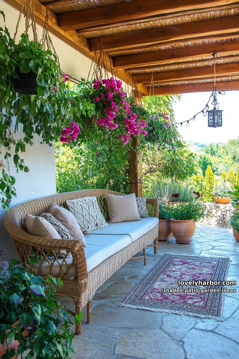 15 Dreamy Shaded Patio Garden Ideas to Inspire Your Backyard 9 hanging macramé planters filled with trailing shade flowers above patio seating 1