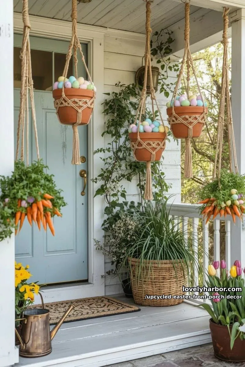 hanging macrame plant holders with carrot bundles and pastel dyed eggs 1