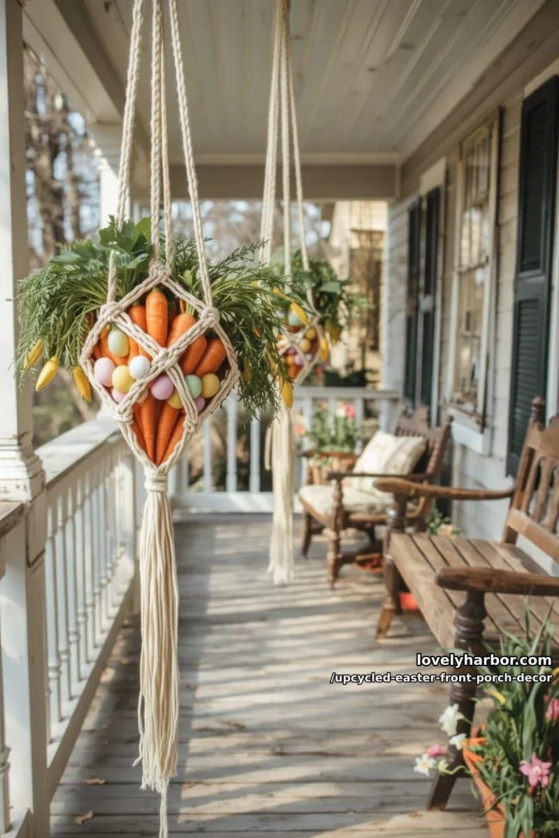 hanging macrame plant holders with carrot bundles and pastel dyed eggs 1