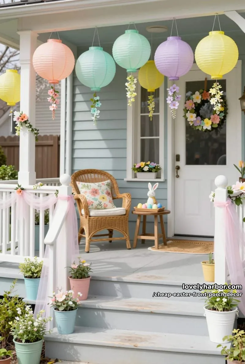 15 Cheap Easter Front Porch Decor Ideas On A Budget 29 hanging paper lanterns in pastel shades with added floral touches 1