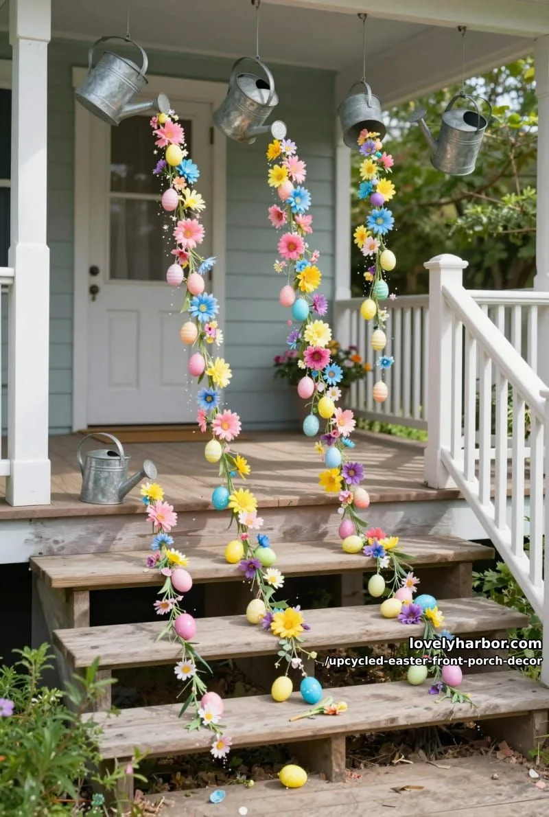 hanging watering cans pouring silk flowers and painted eggs down porch steps 1