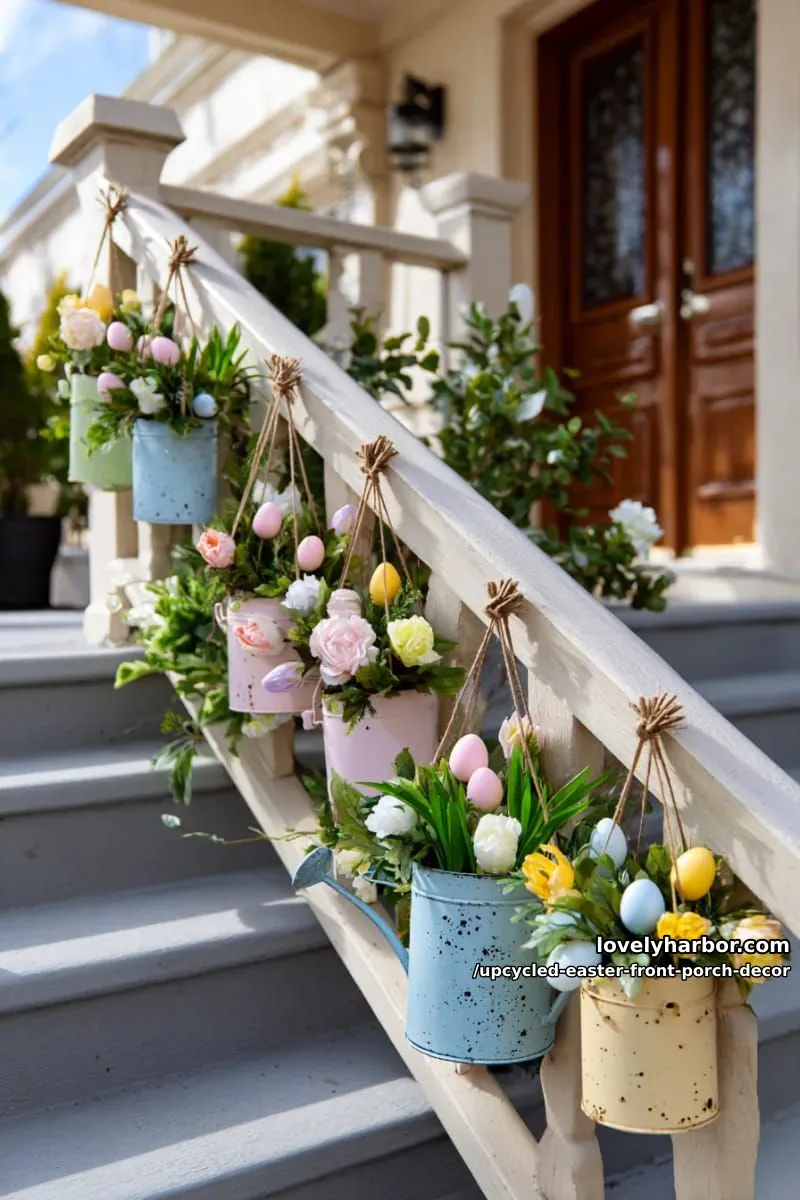 hanging watering cans pouring silk flowers and painted eggs down porch steps 1