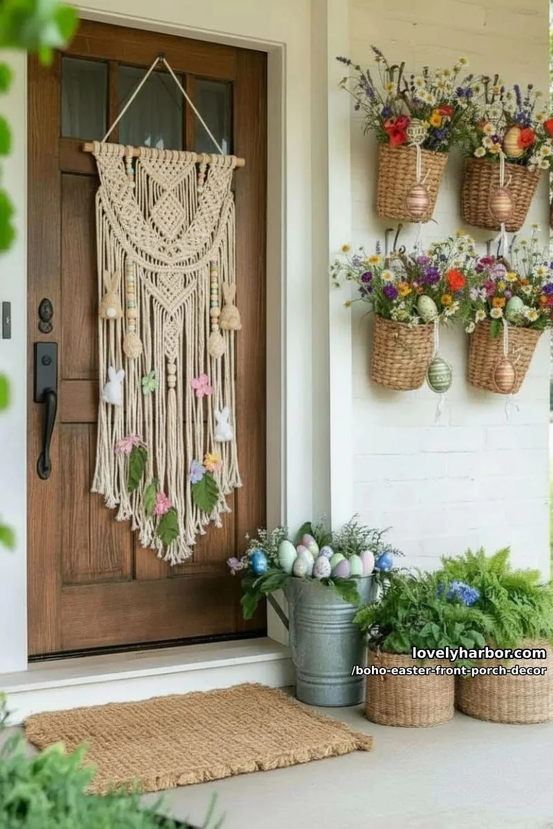 hanging woven baskets filled with wildflowers and dyed easter eggs 1