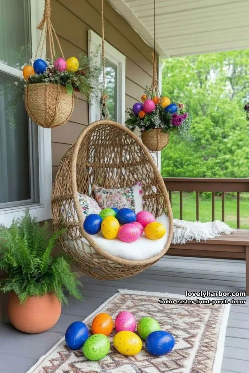 hanging woven baskets filled with wildflowers and dyed easter eggs 1
