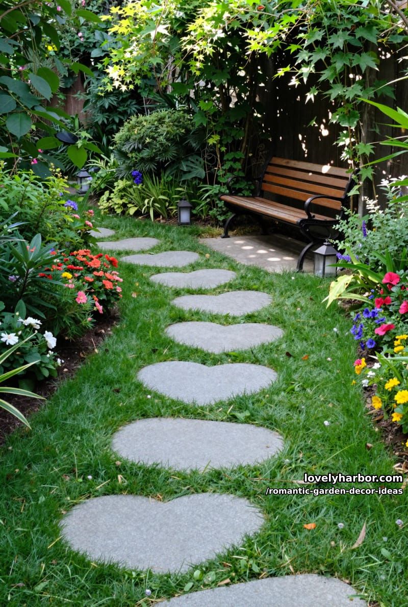 heart-shaped stepping stones leading to secluded garden nooks 1