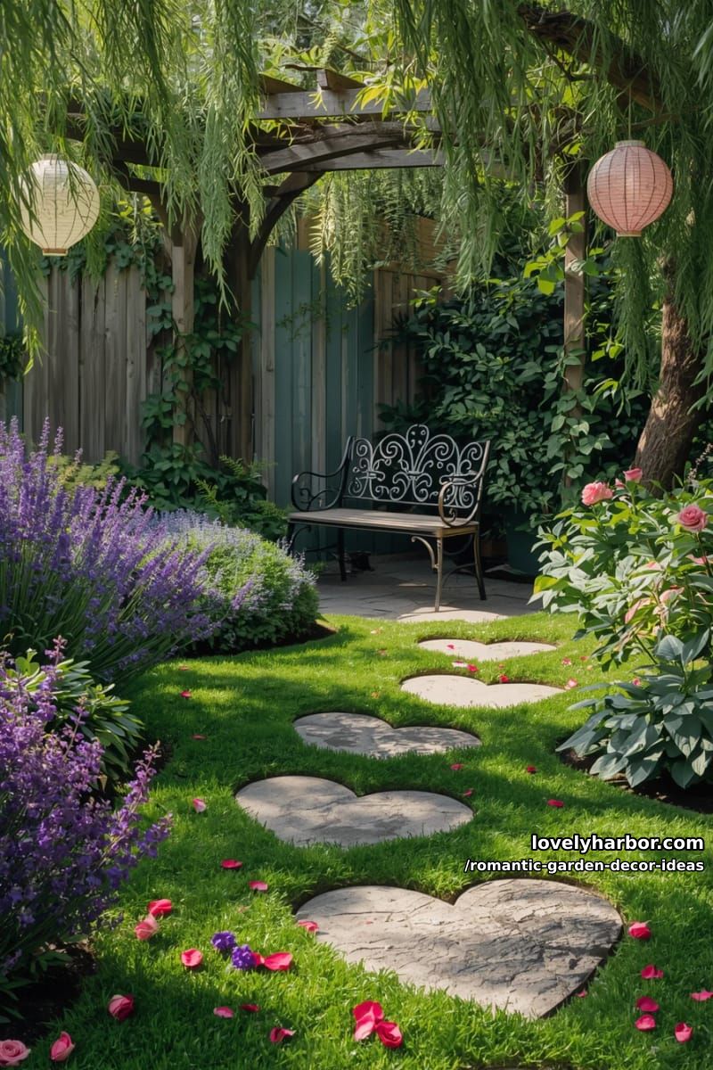 heart-shaped stepping stones leading to secluded garden nooks 1