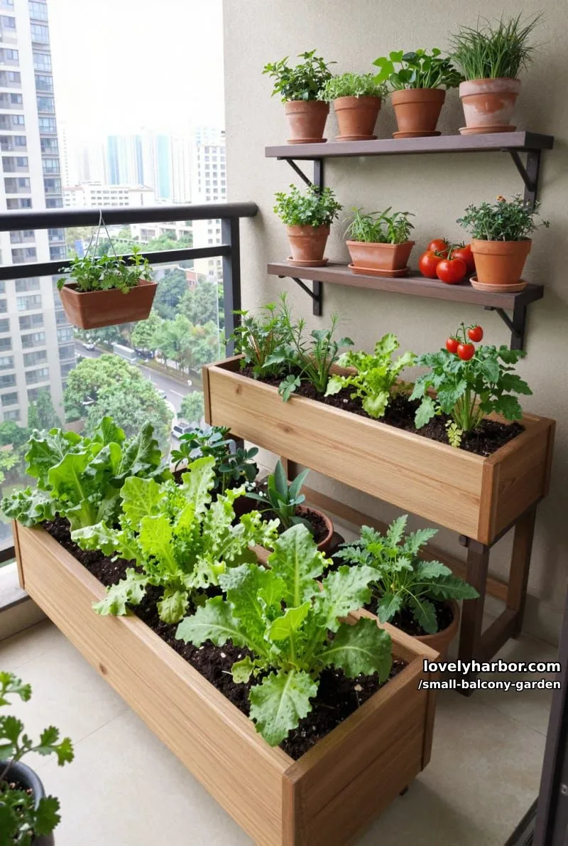 high-rise balcony with wooden planter boxes, leafy vegetables, herbs, and tomatoes. 1