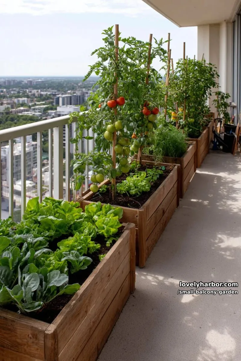 high-rise balcony with wooden planter boxes, leafy vegetables, herbs, and tomatoes. 1