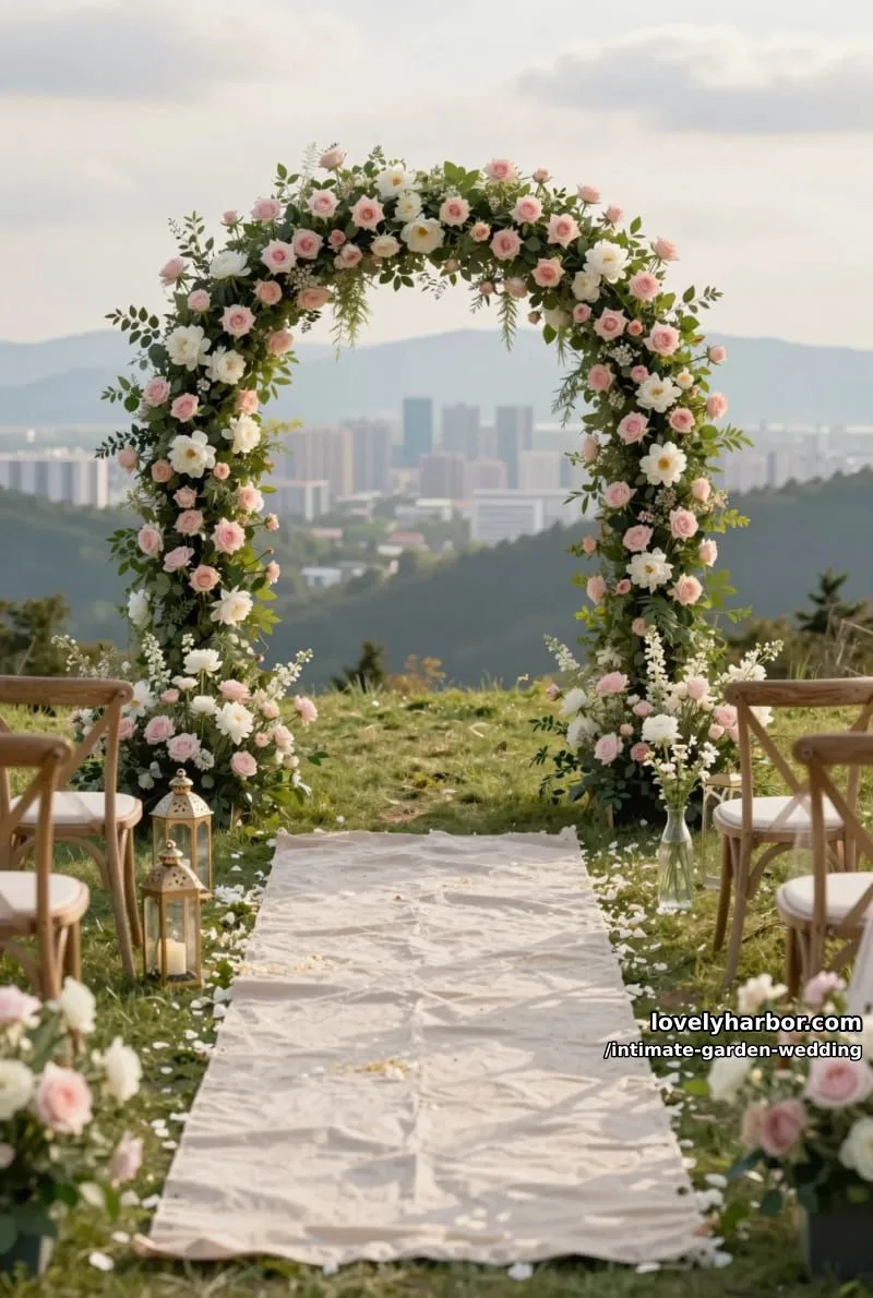 hilltop wedding ceremony, floral arch, city and mountain views, soft daylight 1