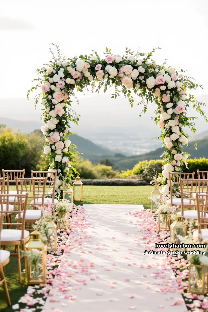 hilltop wedding ceremony, floral arch, city and mountain views, soft daylight 1