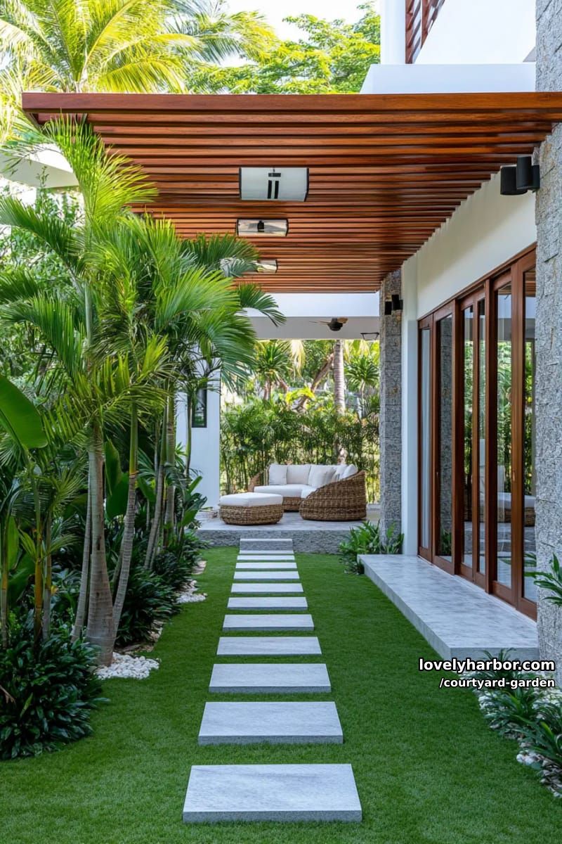 indoor courtyard with concrete stepping stones, tropical plants, and rattan chair 1