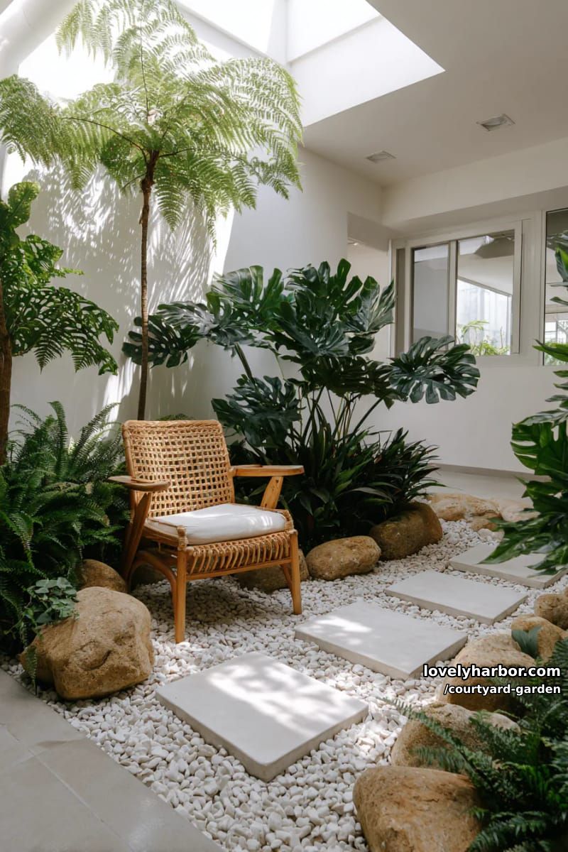 indoor courtyard with concrete stepping stones, tropical plants, and rattan chair 1