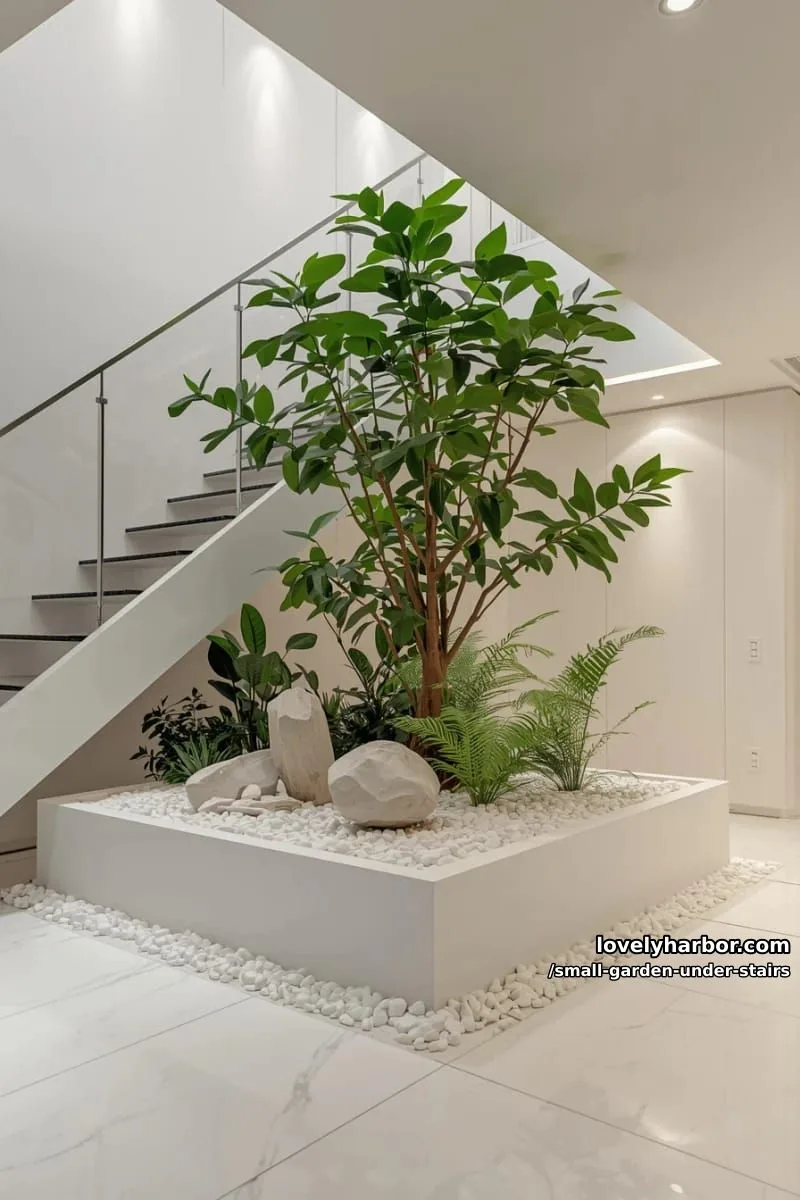indoor garden with leafy tree and ferns in white planter under stairs. 1
