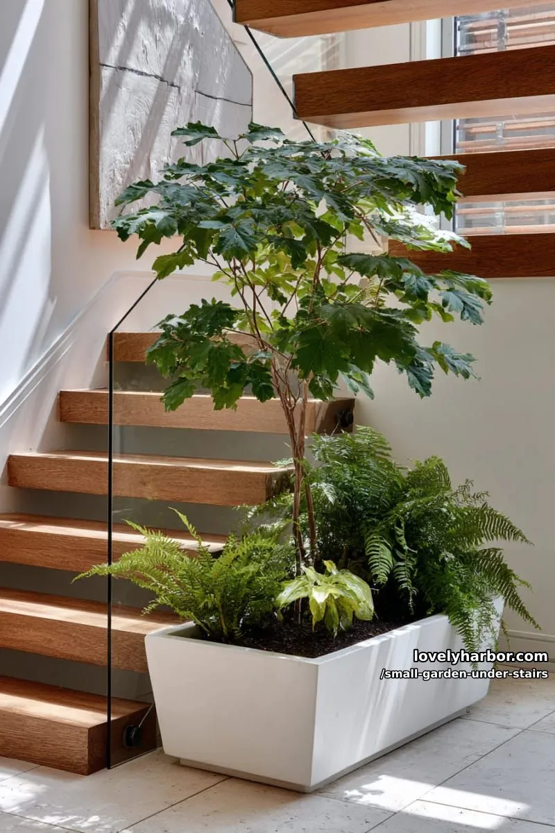 indoor garden with leafy tree and ferns in white planter under stairs. 1