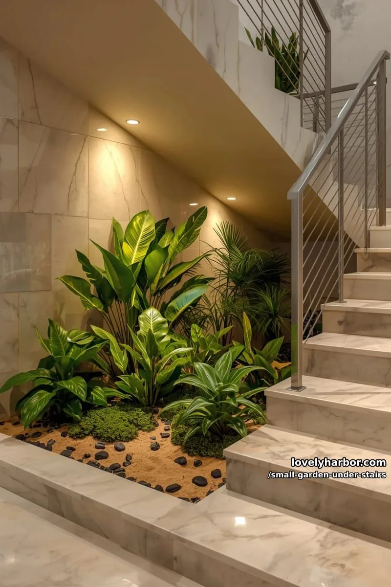 indoor garden with succulents, moss, and yellow spotlights under marble stairs. 1