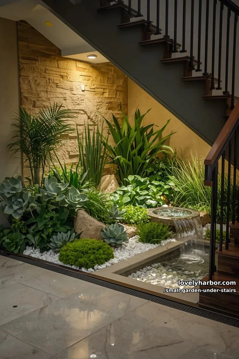 indoor garden with succulents, stone accent wall, pebbles, and water fountain. 1