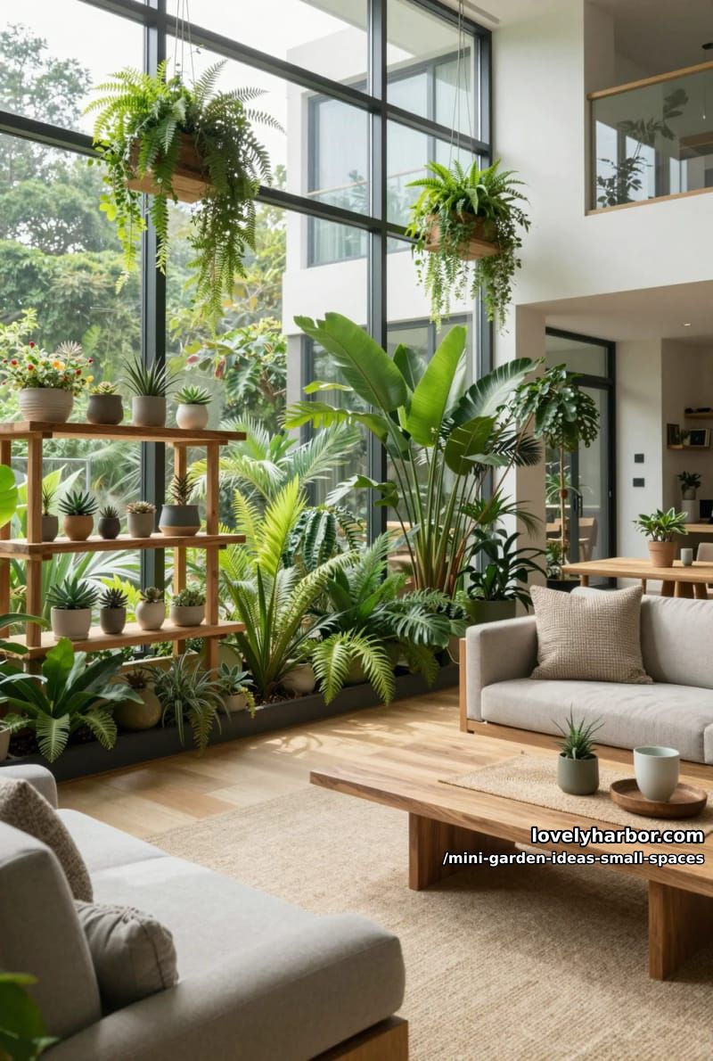 indoor living space with floor-to-ceiling glass and lush indoor garden. 1
