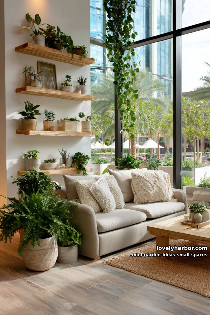 indoor living space with floor-to-ceiling glass and lush indoor garden. 1