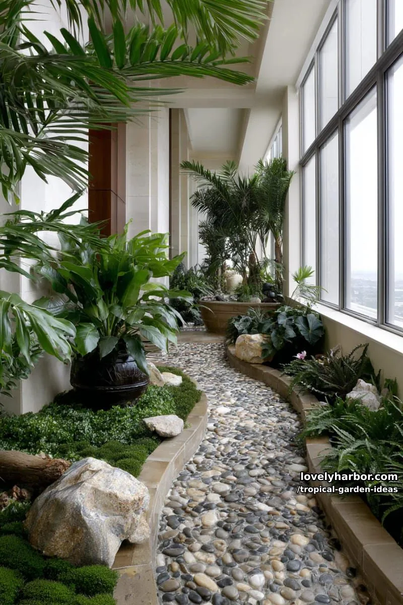 indoor tropical garden with winding pebble path and dense greenery. 1